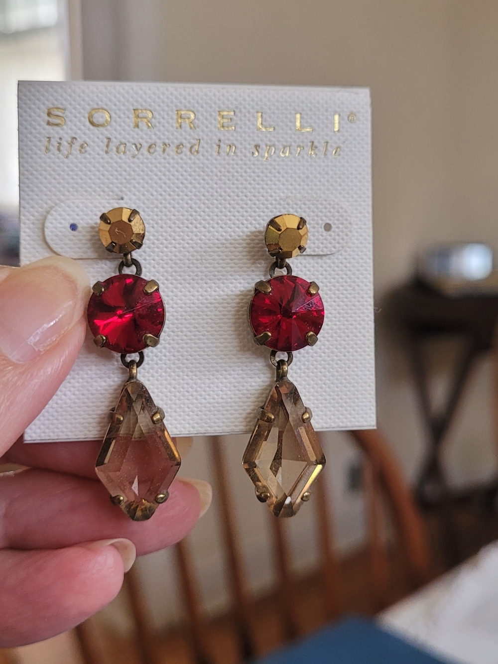 Sorrelli Red Crystal and Champagne Geometric Drop Earrings